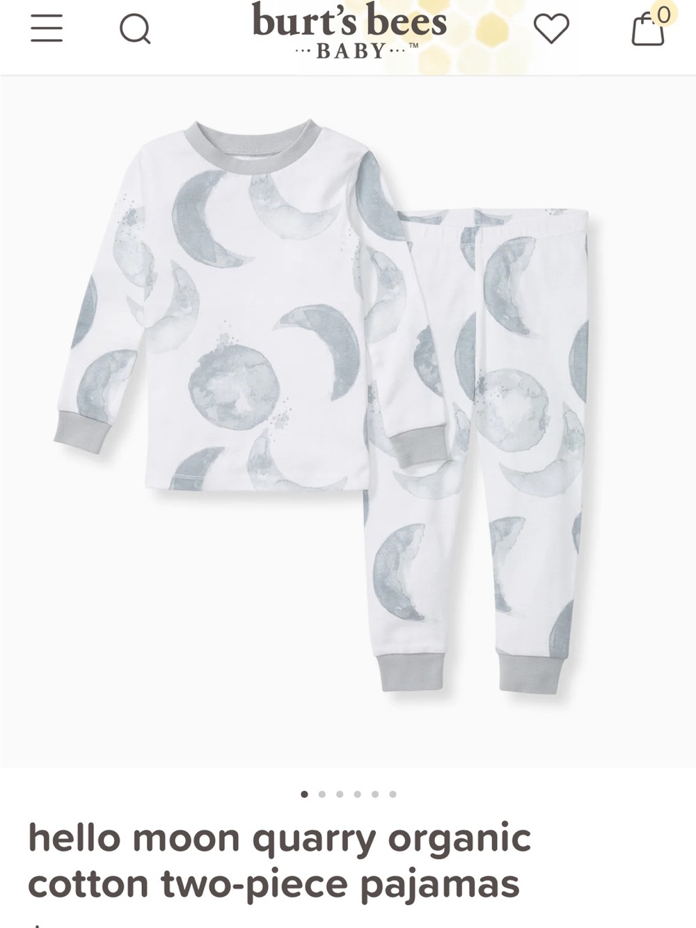 Burt's Bees Baby White and Gray Moon Print Organic Cotton Pajama Set